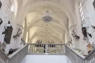 20210625_Deutsches_Jagd-_und_Fischereimuseum_ES Geweihe an der Wand im Treppenhaus des Jagd- und Fischereimuseums