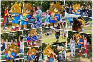 Maskottchen Albärt und Menschen aus ganz Europa an der #hockdiher Begegnungsbank Maskottchen Albärt und Menschen aus ganz Europa an der #hockdiher Begegnungsbank